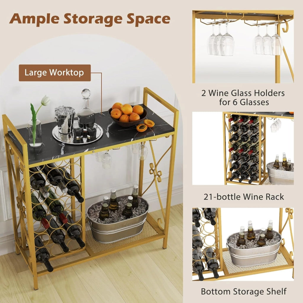 Portabottiglie per vino con mensola per 21 bottiglie e portabicchieri, piano ampio e ripiano inferiore, 93 x 38 x 102 cm, mobile ausiliario per bar, cantina, sala da pranzo (nero+oro)