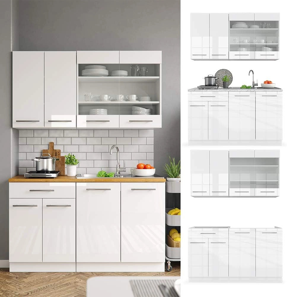 Cucina completa Fame-Line, Bianco lucido/bianco, 140 cm, PL Marmo, compatibile con i comuni elettrodomestici e abbinabile ai lavelli