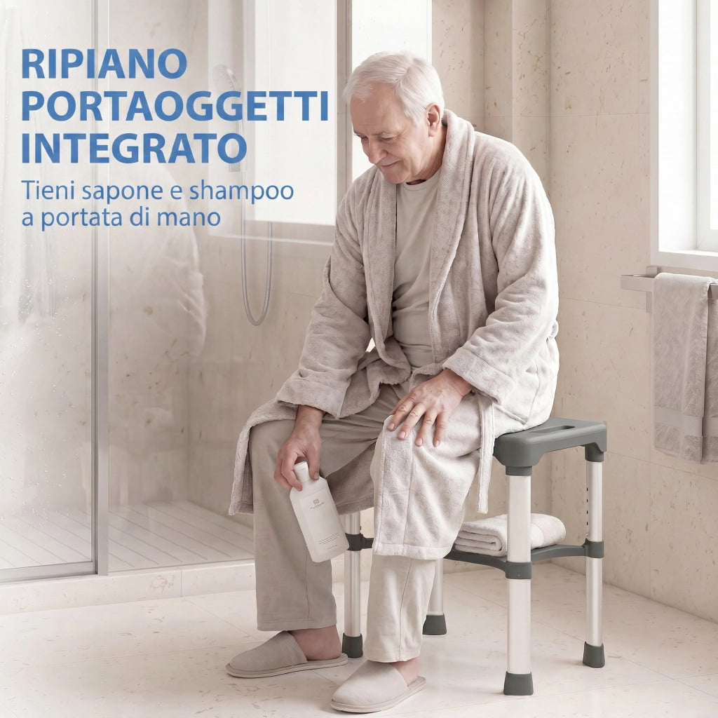 Sgabello per Doccia 46x33x39-49 cm con Mensola Integrata Altezza Regolabile 5 Livelli Portata 150kg in Alluminio Grigio