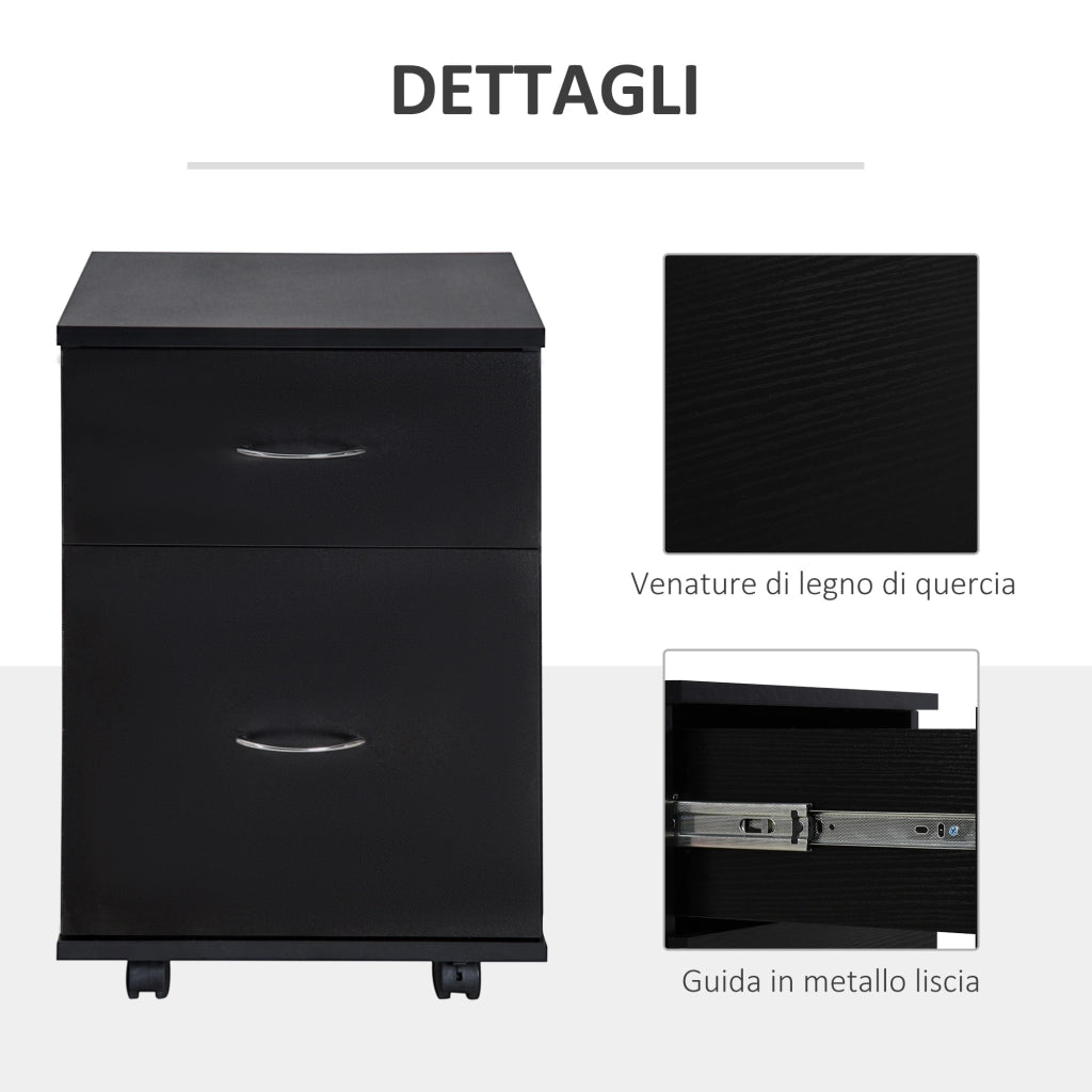 Cassettiera Ufficio e Casa 2 Cassetti e Ruote con Freno in Legno Nero