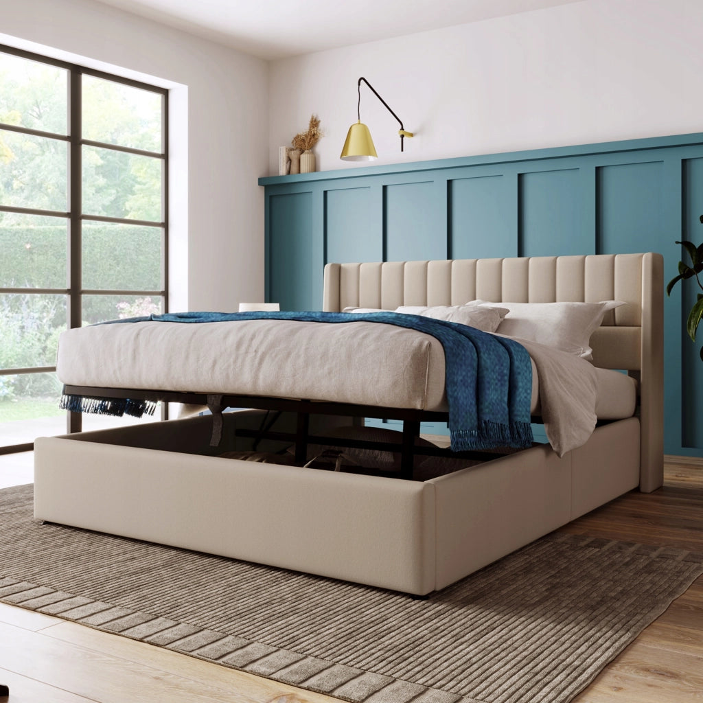 Letto matrimoniale con idraulica - Xylo - 160x200 - Beige - Tessuto di lino con materasso