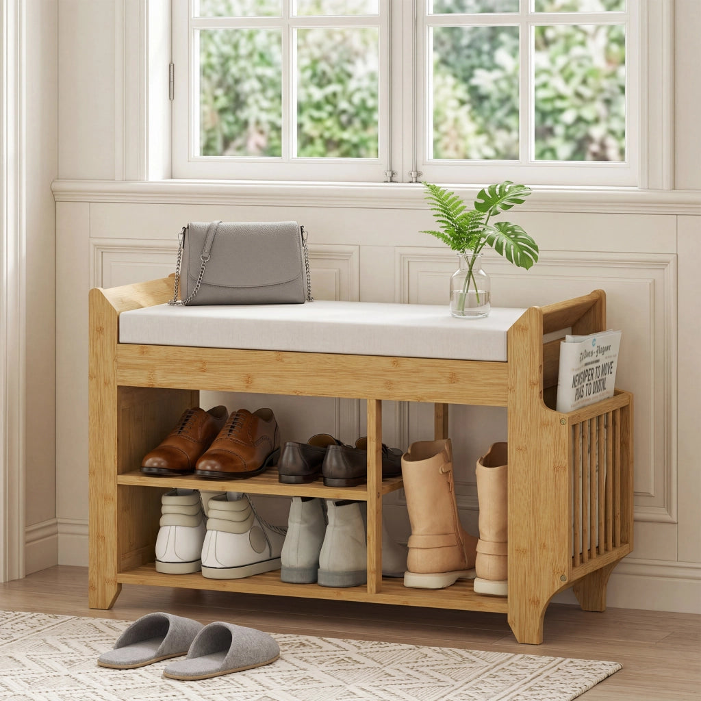 Cassettiera con seduta imbottita e scaffale ¨C zephmum ¨C 80x30x50 cm naturale bamb¨´