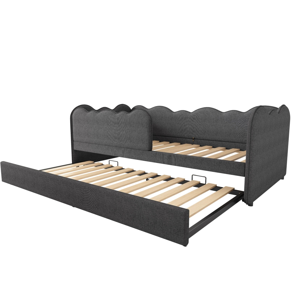 Letto daybed estraibile 90x190 cm in lino grigio; con rete a doghe e struttura L