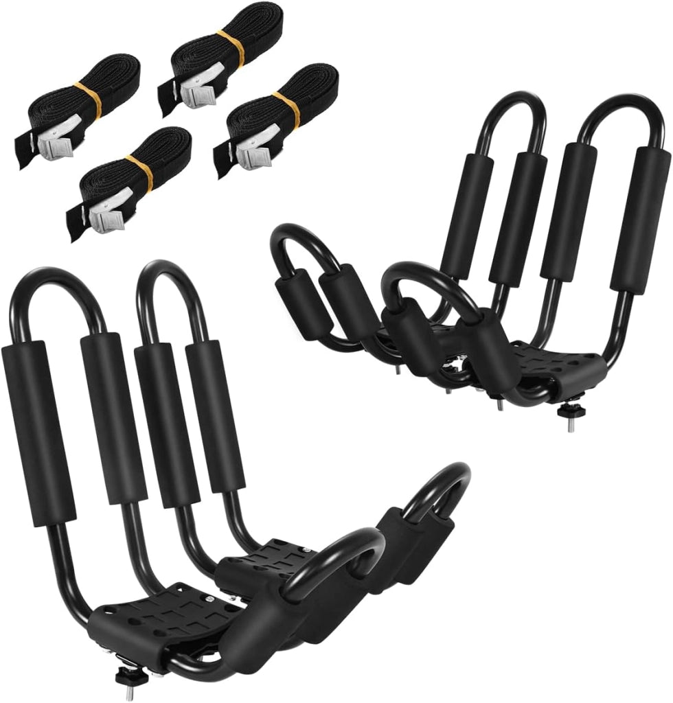 Galleria da tetto universale per kayak 4 pezzi 36 x 20 x 15 cm, porta bagagli auto sicura e stabile a forma di J, imbottitura in schiuma, 4 cinghie, carico 75 kg, per kayak, sci, valigia, nero