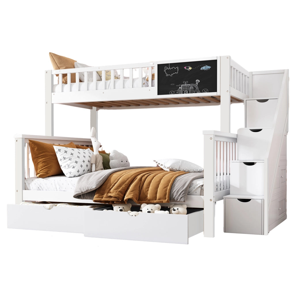 Letto a Castello 90x200 cm; Letto Singolo - Lavagna; Cassetti; Contenitore - Bianco