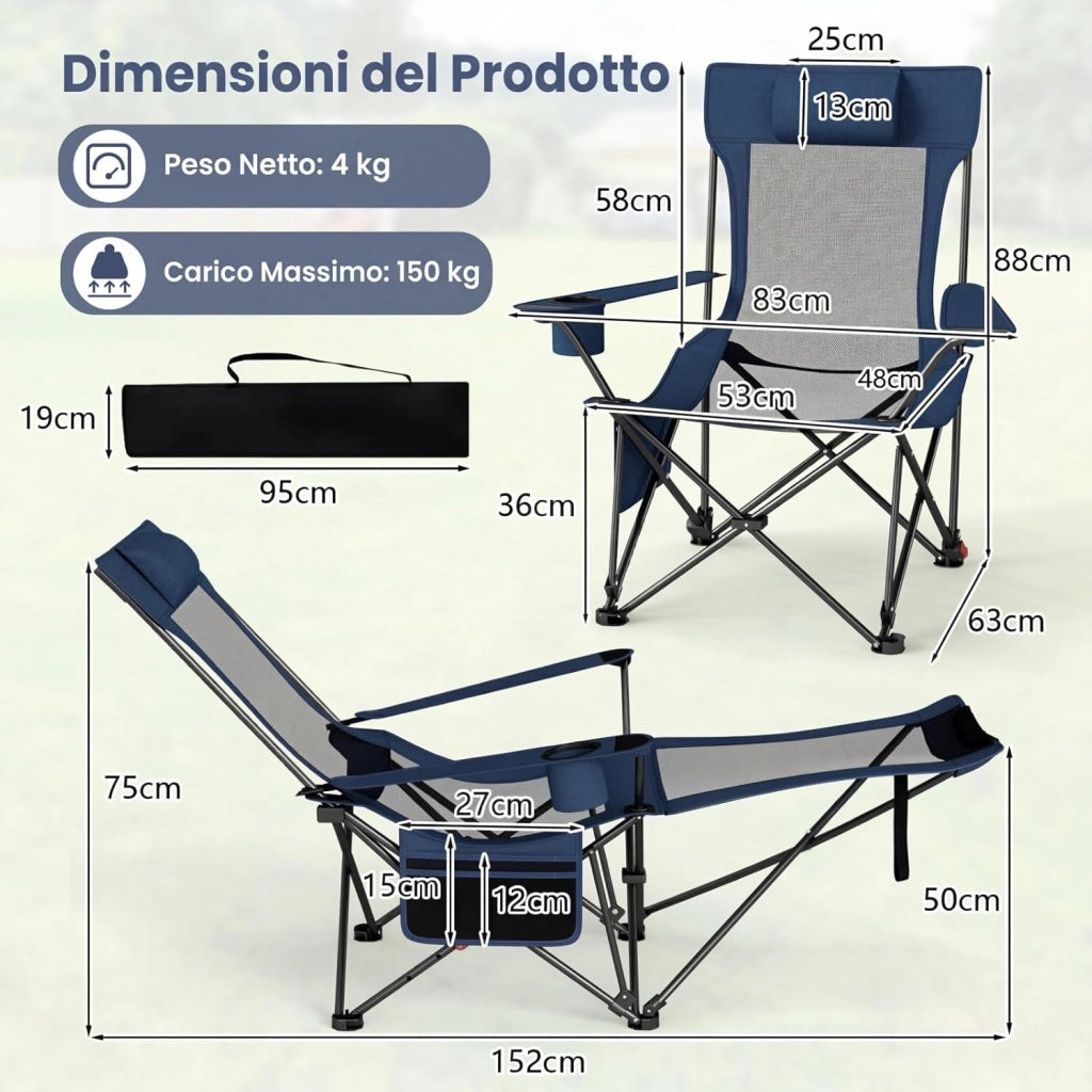 Sedia da Campeggio con Poggiapiedi Rimovibile, Poltrona Pieghevole con Schinale Reclinabile, Braccioli e Portabicchieri, Portata 150 kg, Sdraio in Testtuto Oxford per Giardino Spiaggia (Blu)