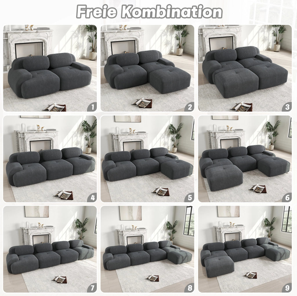Divano angolare modulare in velluto a coste grigio 208x178x70 cm; senza struttura