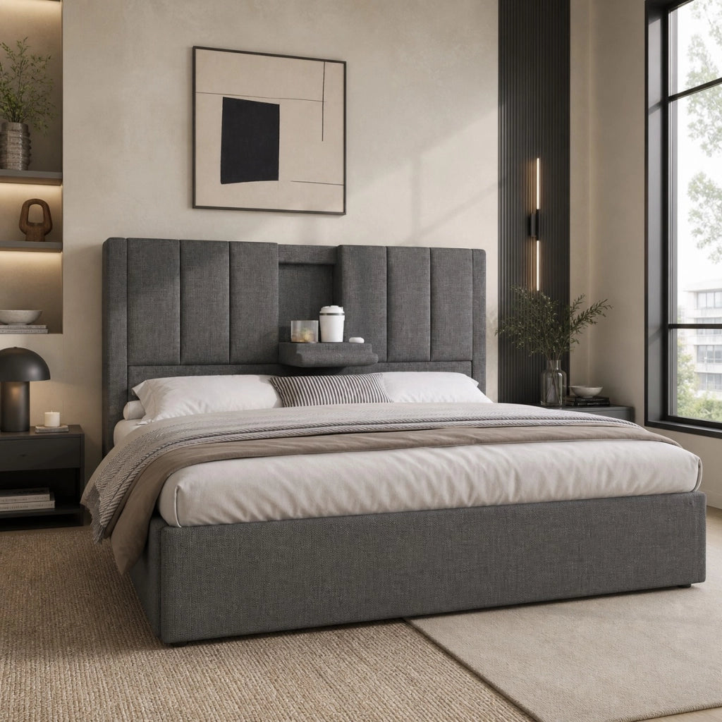 LETTO Contenitore 180x200 cm in lino grigio con USB e portabicchieri