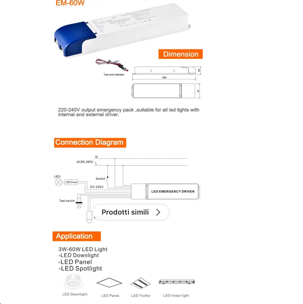 Driver di Emergenza Universale per Lampade LED da 3W a 60W, Autonomia fino a 300 Minuti, Compatibile con Tubi LED, Alimentazione 220V, Kit di Emergenza Affidabile