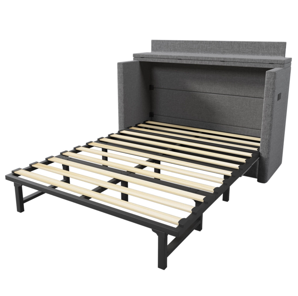 Letto a scomparsa 140x200 con porta USB e Type-C; cassetto e design salvaspazio in lino e MDF grigio