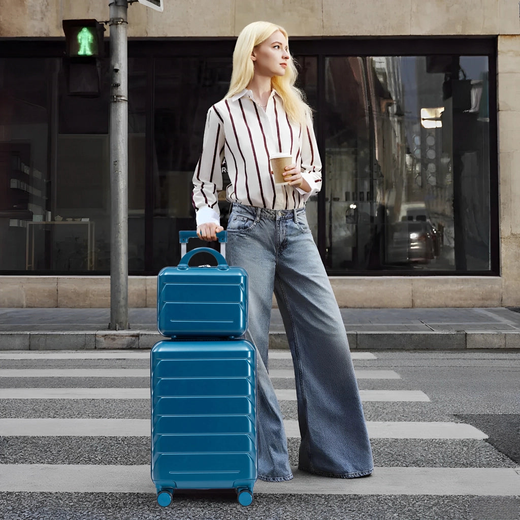 Set di due valigie girevoli in ABS da 14"/19" con lucchetto a combinazione e trousse da 14" (blu scuro)