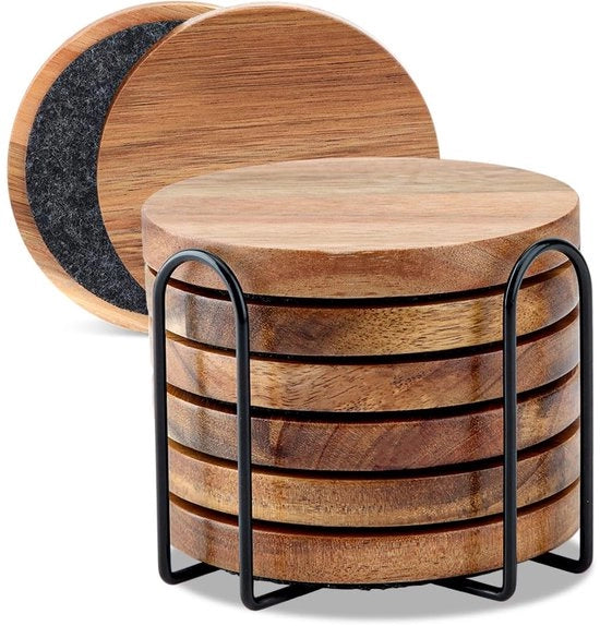 Sottopiani in legno per bicchieri, set da 6, sottopiani in acacia con supporto, sottopiani in legno per bicchieri con gomma, sottopiani rotondi in legno per bicchieri, bar, tazze, bicchieri