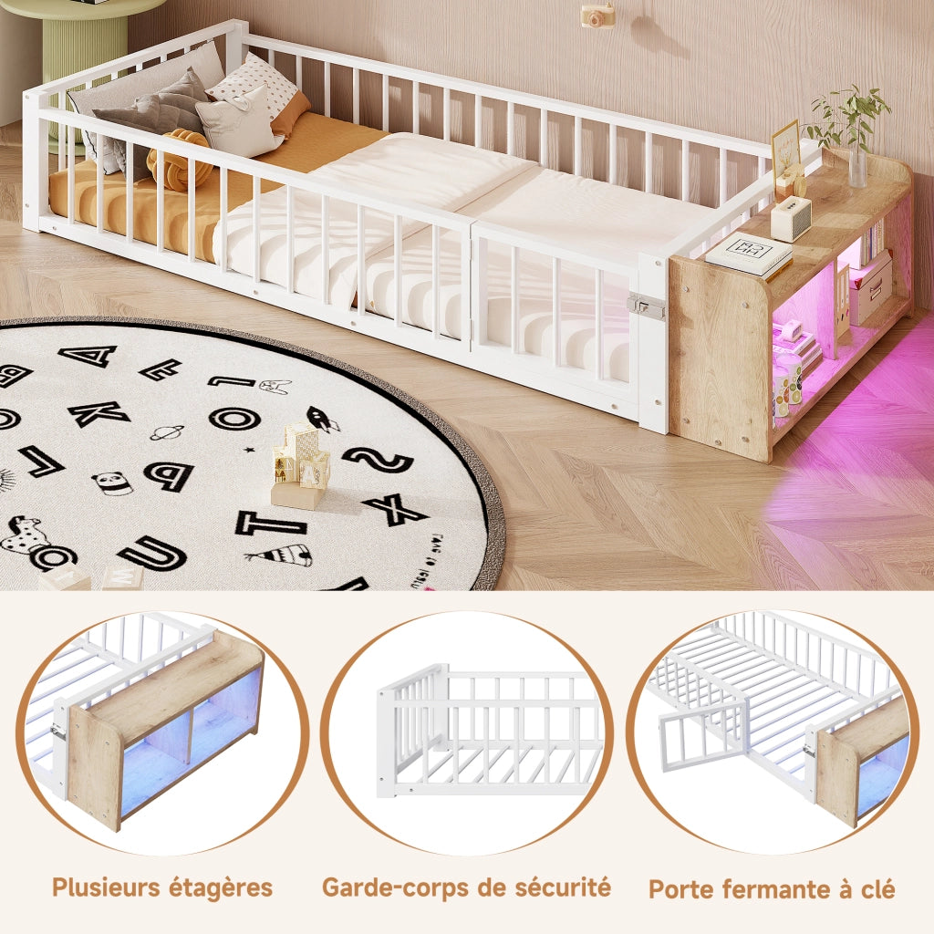 Letto per Bambini Letto Singolo con Sponda; Vano a Giorno e LED 90×200 cm; senza Materasso; Bianco