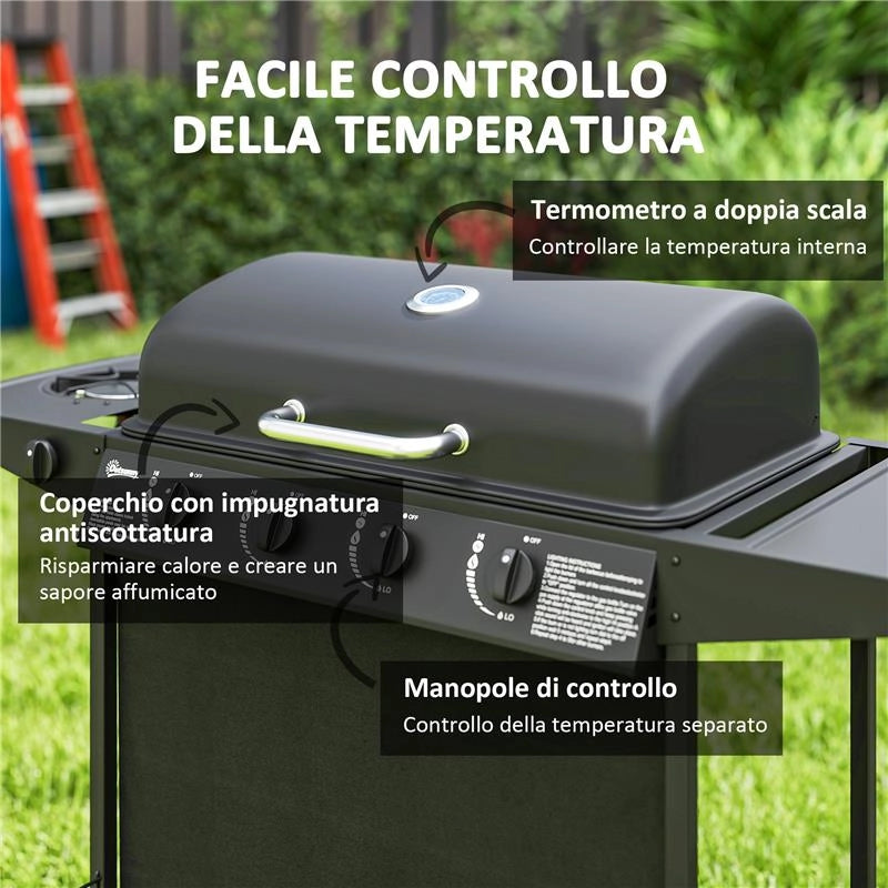 BARBECUE A GAS CON 4+1 BRUCIATORI INDIPENDENTI E COPERCHIO CON TERMOMETRO 121X54X97 CM NERO