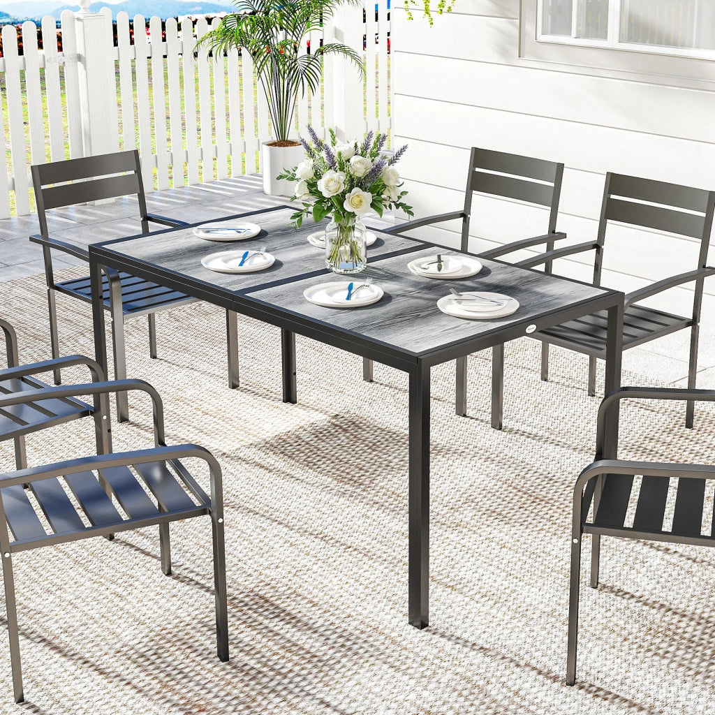 Tavolo da Giardino 4-6 Persone con Piano Effetto Legno, in Acciaio e Plastica PSPC, 150x80x74 cm, Grigio e Nero