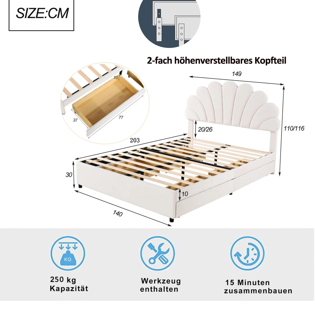 OKWISH Letto con Cassetti 140×200 cm, Letto Matrimoniale con 4 Cassetti, Testiera a Fiore e Vani Portaoggetti, senza Materasso, Velluto Beige