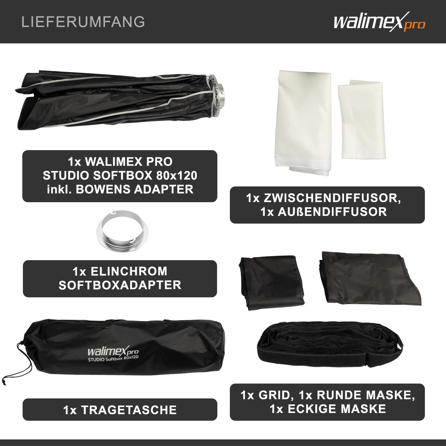 Studio Softbox 80x120cm + adattatore softbox per Elinchrom (diametro esterno: 15,2 cm), ruotabile di 360°, facile da montare grazie alla funzione ombrello, incluso griglia, maschere