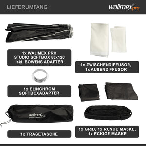 Studio Softbox 80x120cm + adattatore softbox per Elinchrom (diametro esterno: 15,2 cm), ruotabile di 360°, facile da montare grazie alla funzione ombrello, incluso griglia, maschere