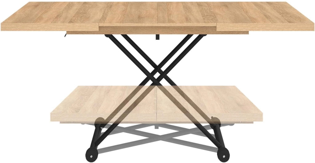 Tavolino di design industriale in legno e nero ALTURA, allungabile e trasformabile in tavolo da pranzo rettangolare