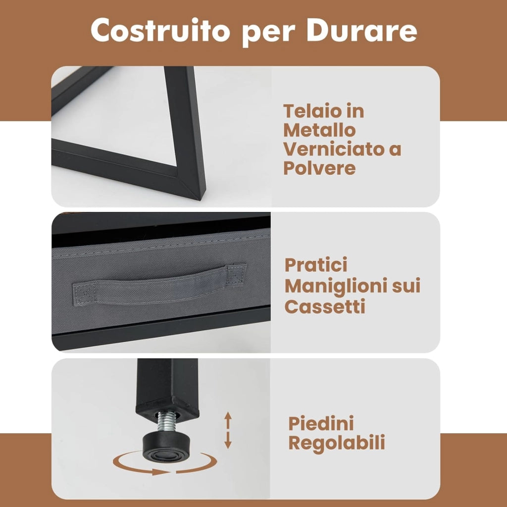 Scrivania per Computer con Supporto Monitor, Set Scrivania Salvaspazio con Sgabello, 3 Cassetti, Tasche Laterali, Stazione di Ricarica, Set Toeletta Trucco per Soggiorno Studio (Marrone)