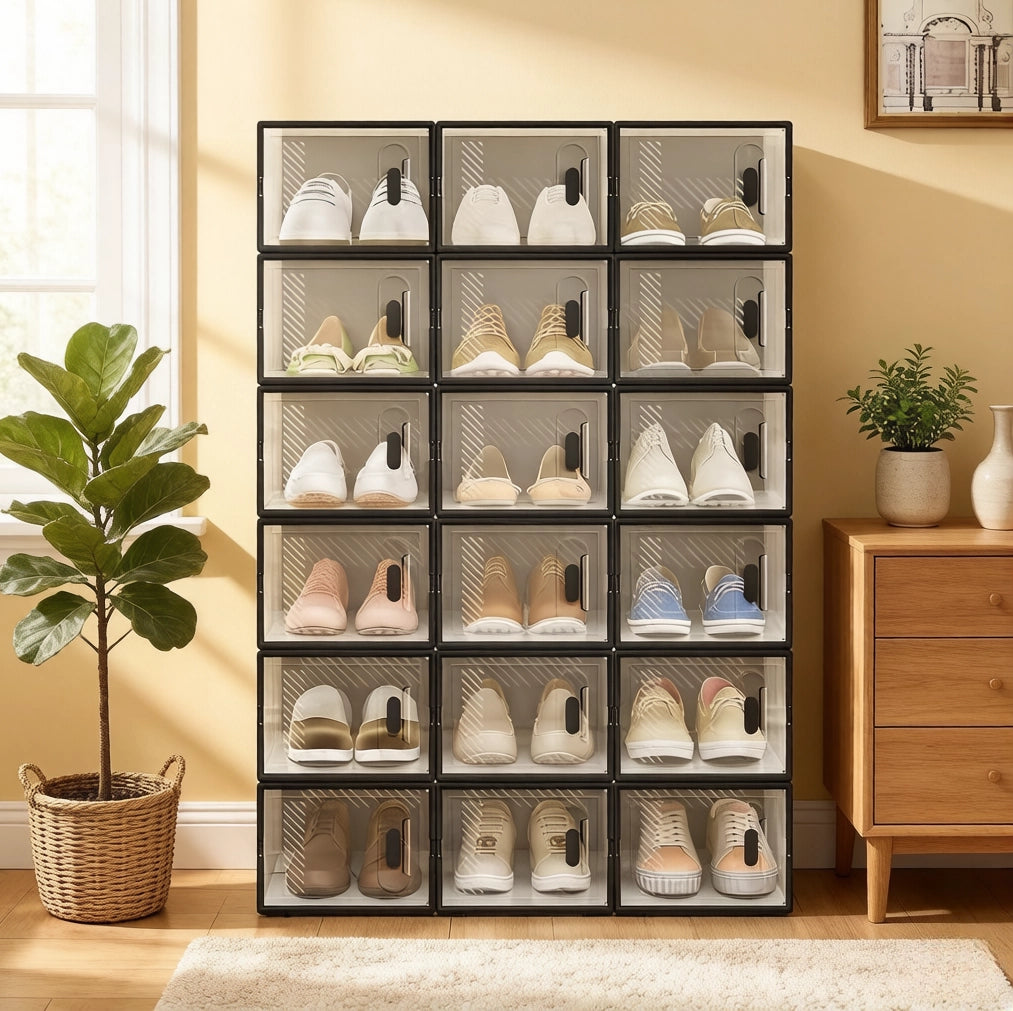 Set di 18 scatole per scarpe impilabili trasparenti nere