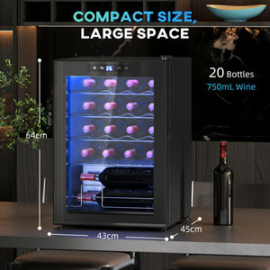 Cantinetta Vino Refrigerata per 20 Bottiglie Capacità 53L Porta in Vetro Anti-UV Nero