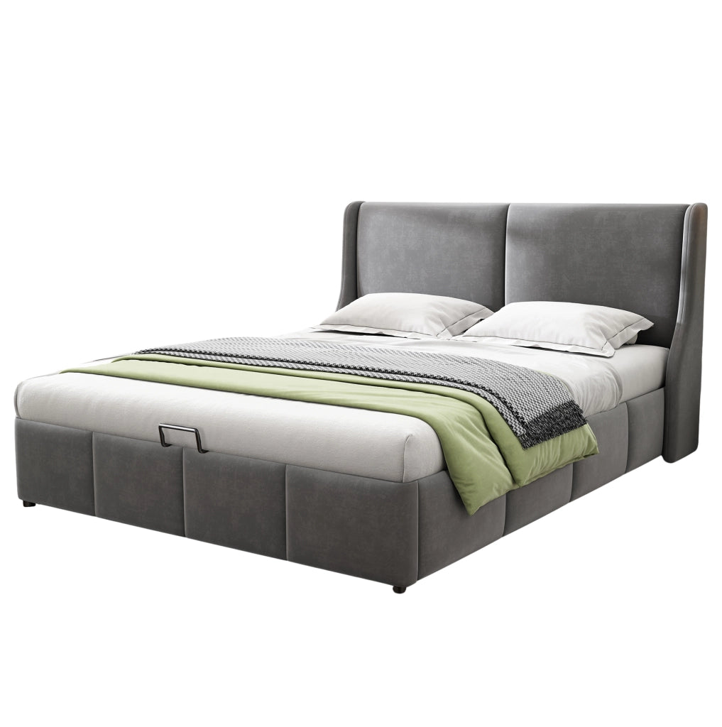 Letto imbottito grigio con contenitore idraulico 140x200 cm, testiera con cuscino