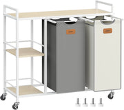 VASAGLE Cesto Portabiancheria a 2 Scomparti, Porta Biancheria 100 L, Carrello per Biancheria, con Ripiani, Sacchi Rimovibili, 6 Etichette, Beige Naturale, Grigio Tortora e Bianco Crema BLH311G01