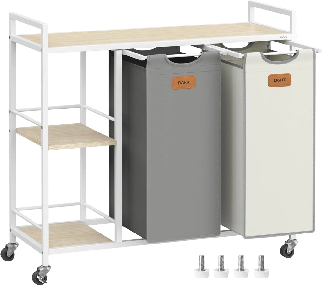 VASAGLE Cesto Portabiancheria a 2 Scomparti, Porta Biancheria 100 L, Carrello per Biancheria, con Ripiani, Sacchi Rimovibili, 6 Etichette, Beige Naturale, Grigio Tortora e Bianco Crema BLH311G01