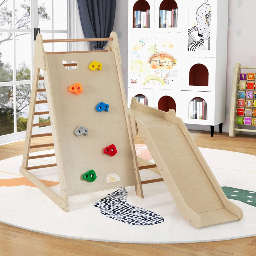 Palestra jungle 3 in 1 parco giochi interno per bambini con scivolo esteso-Palestra scaletta in legno e struttura da gioco Naturale