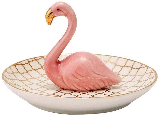 Display per anelli in porcellana con fregi di fenicotteri rosa