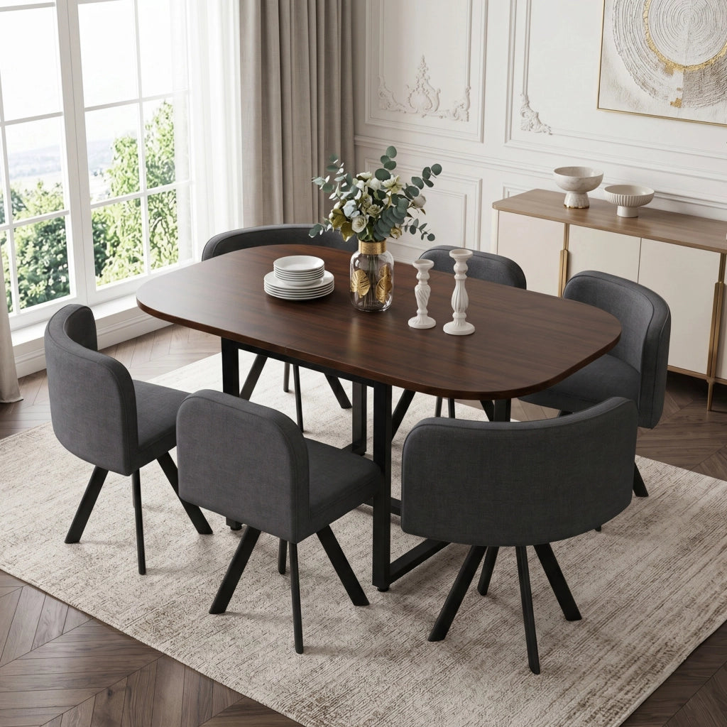 Set da pranzo con finitura effetto legno, composto da 6 sedie in tessuto di lino e un tavolo da pranzo (140 x 90 cm), grigio e noce