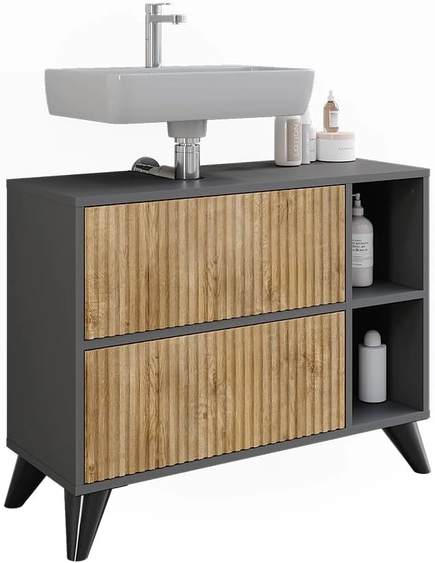 Mobiletto per lavabo Leano, Antracite/quercia di montagna, 80 x 62 cm con 2 cassetti, adatto per la conservazione di articoli da bagno e asciugamani