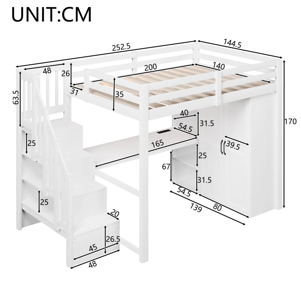 Letto a soppalco 140x200 cm con scrivania; armadio; scala contenitore; USB e LED; bianco