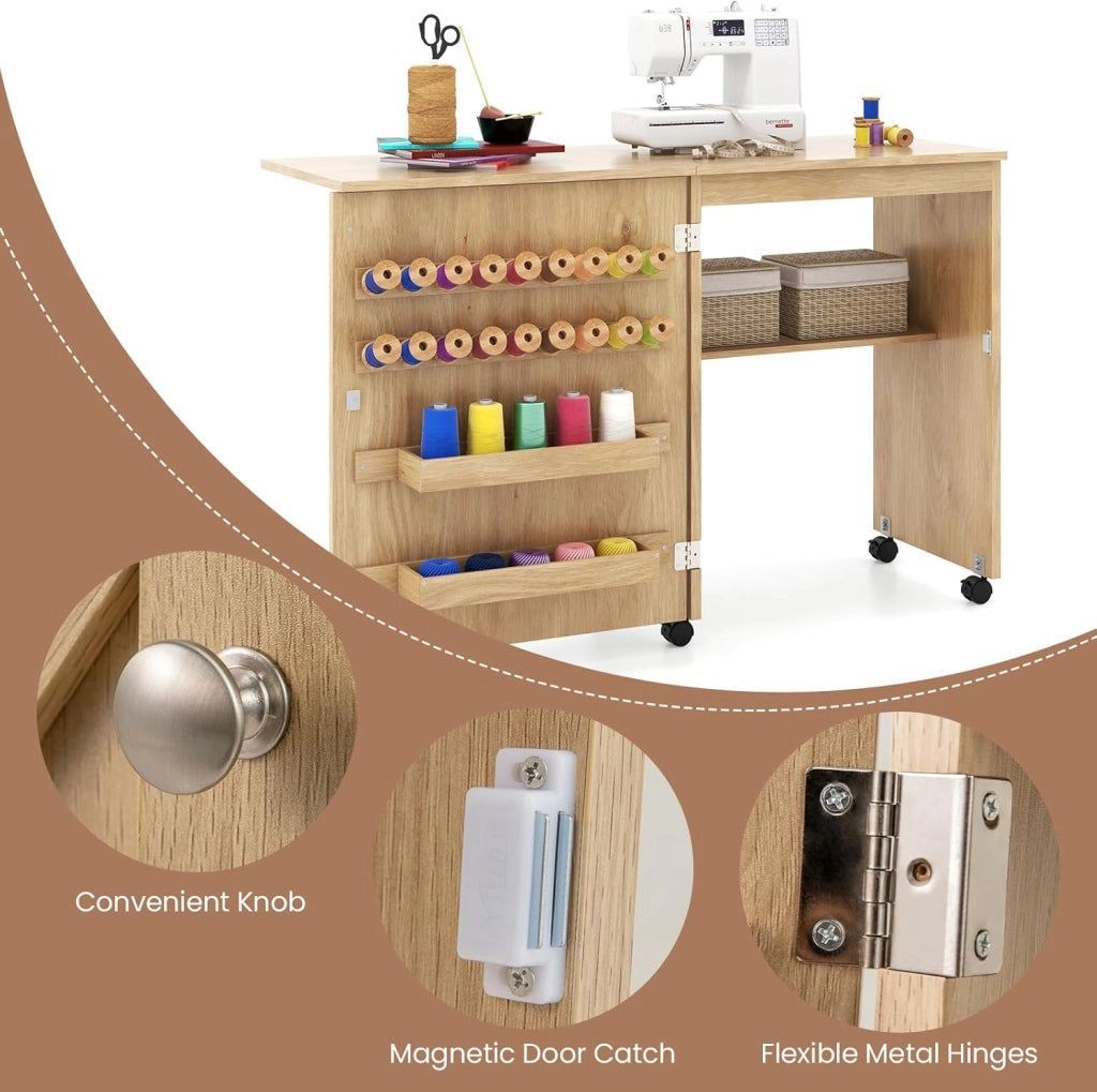 Tavolo Cucire con Ruote, Tavolino Cucito Pieghevole, Asse da Stiro Richiudibile, Mobile per Macchina da Cucire a Scomparsa, Allungabile a 3 Livelli, 58x40x78 cm, 2 Colori Disponibili