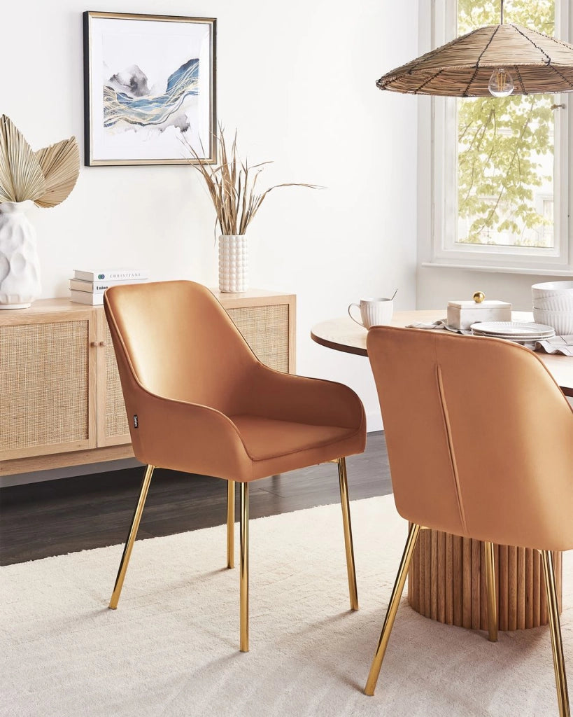 Set di 2 Sedie da Pranzo con Rivestimento in Velluto arancione gambe dorate glamour retrò