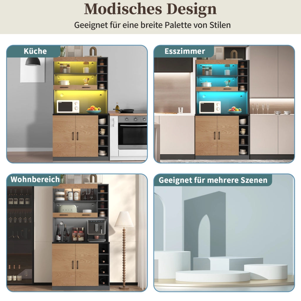 Credenza da Cucina Alta con 4 Vani Regolabili; 2 Ante; LED e Fori Passacavo; in MDF; Grigio Naturale; 100 x 47 x 187 cm
