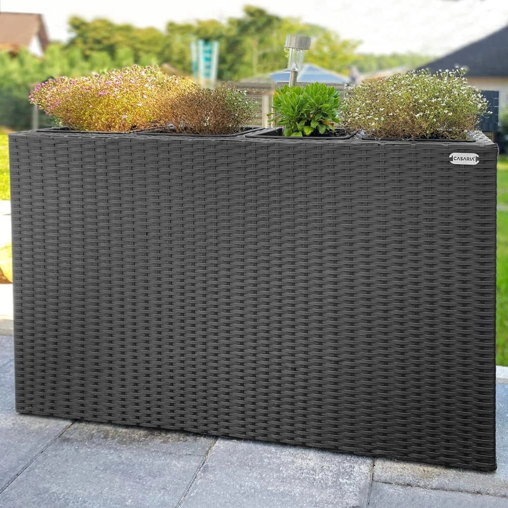 Fioriera Rettangolare 95x27x60 cm con 4 Vasi Interni in Polyrattan con Sistema di Drenaggio Fioriere Porta Vaso da Fiori Piante Divisorio Giardino Balcone Terrazza Nero