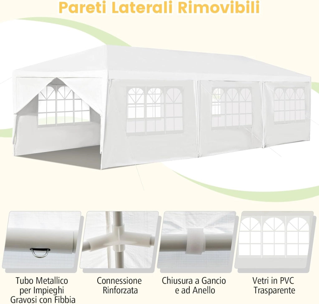 Gazebo da Giardino 3 x 9 m, Tendone per Feste con 8 Pannelli Laterali Rimovibili, Impermeabile Protezione UV, per Matrimonio Eventi e Barbecue