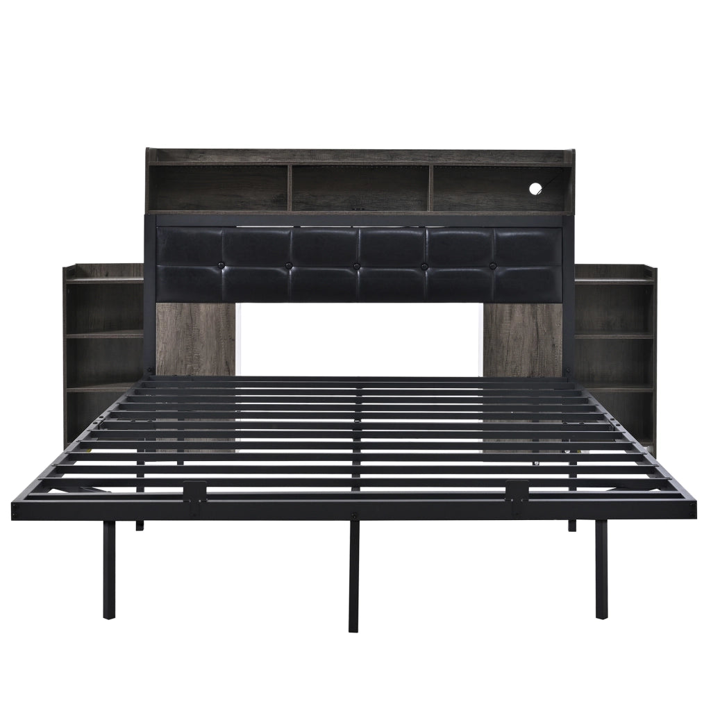 DESMIU Letto matrimoniale 140 × 190 cm 2 posti con LED, USB, Type-C, 2 comodini, senza materasso, grigio