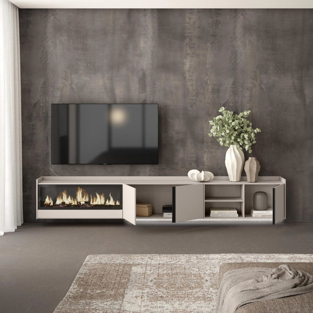 Mobile TV Soggiorno, 315x50x35 cm, Per TV fino a 80", Camino elettrico XXL, Sospeso, da appendere, LED, Beige