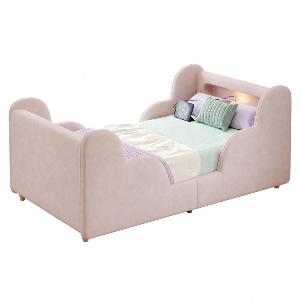 Letto singolo per bambini 90x200 cm in velluto rosa con luce notturna e USB