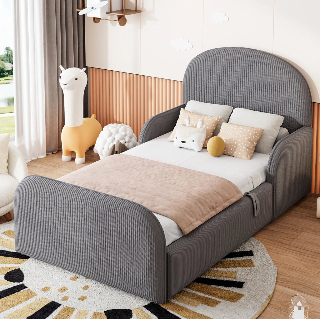 Letto imbottito per bambini 90x200 cm con contenitore idraulico e sponde laterali grigio