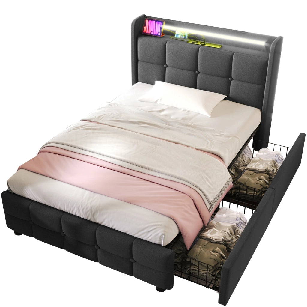 OKWISH Letto Singolo 90×200 cm con Prese, USB, LED Regolabile e 2 Cassetti, senza Materasso, in Legno, Grigio