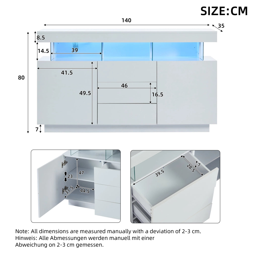Sideboard moderno 140 x 35 x 80 cm bianco lucido con LED, 3 cassetti e 2 ante