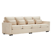 Divano 4 Posti con Tasche Laterali e 4 Cuscini Lombari; in Tessuto di Lino; Beige; 264 × 83 × 87 cm