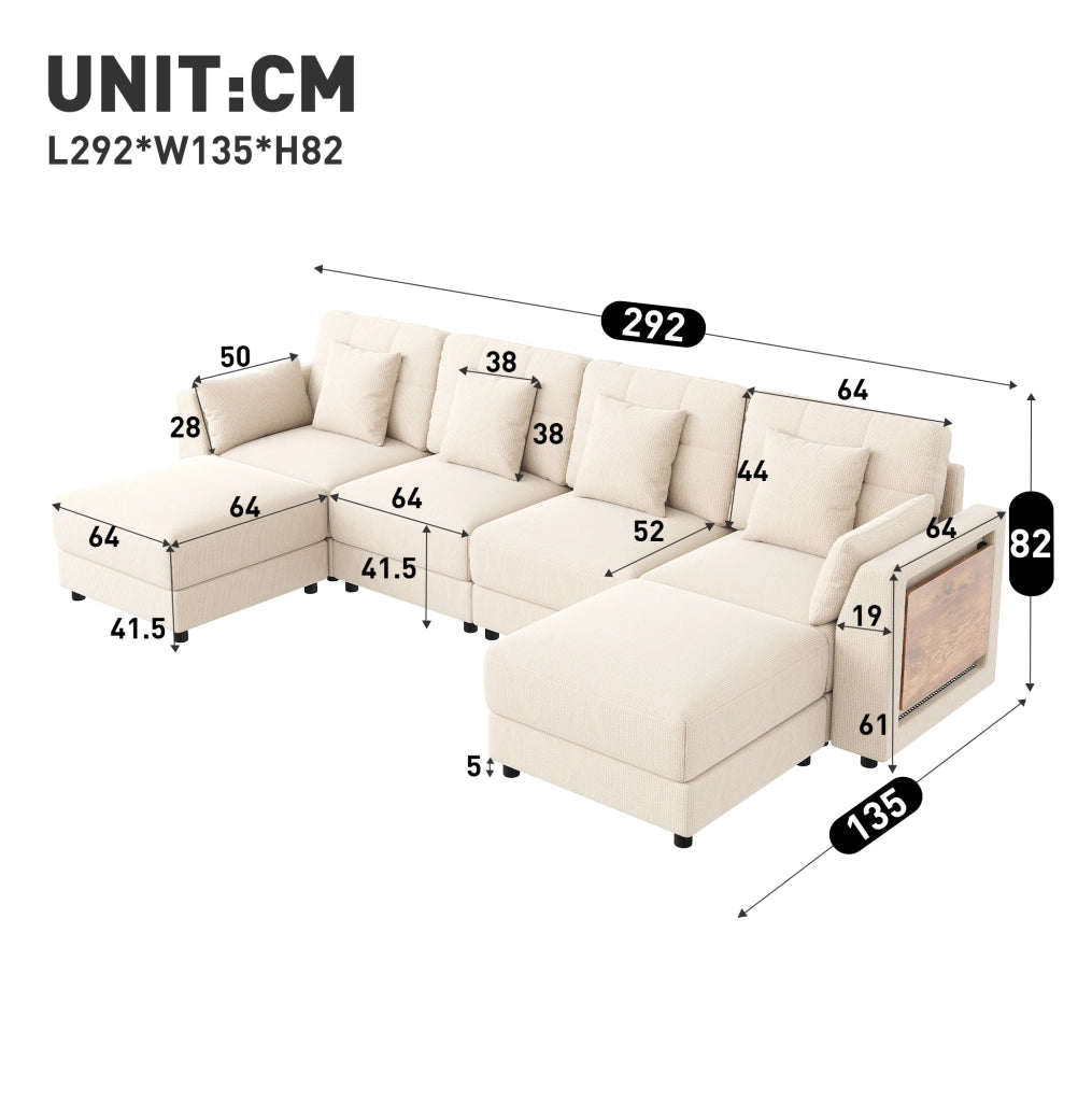 Divano modulare a U/L con 2 pouf; LED e tavolini pieghevoli; ciniglia beige