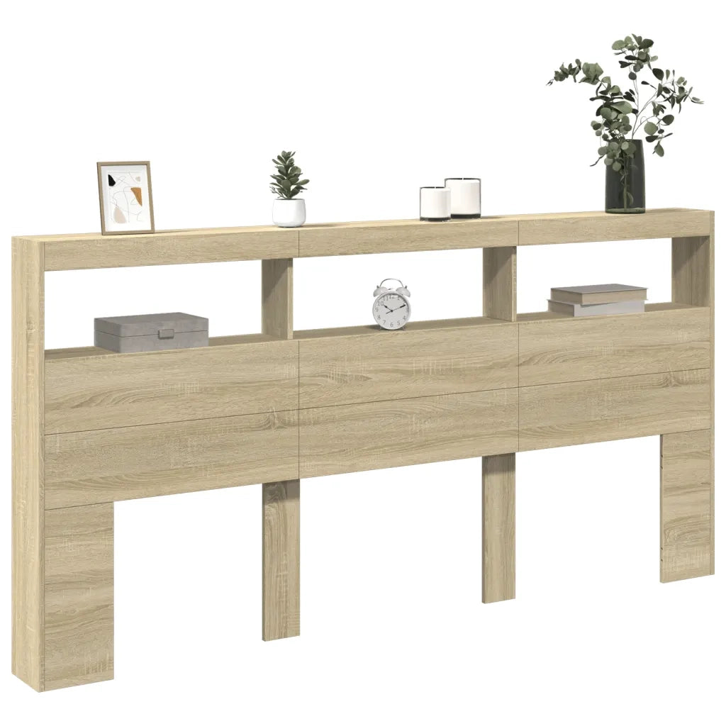 Testiera con Contenitore a LED-Testiera con Ripiani Rovere Sonoma 200x17x102 cm