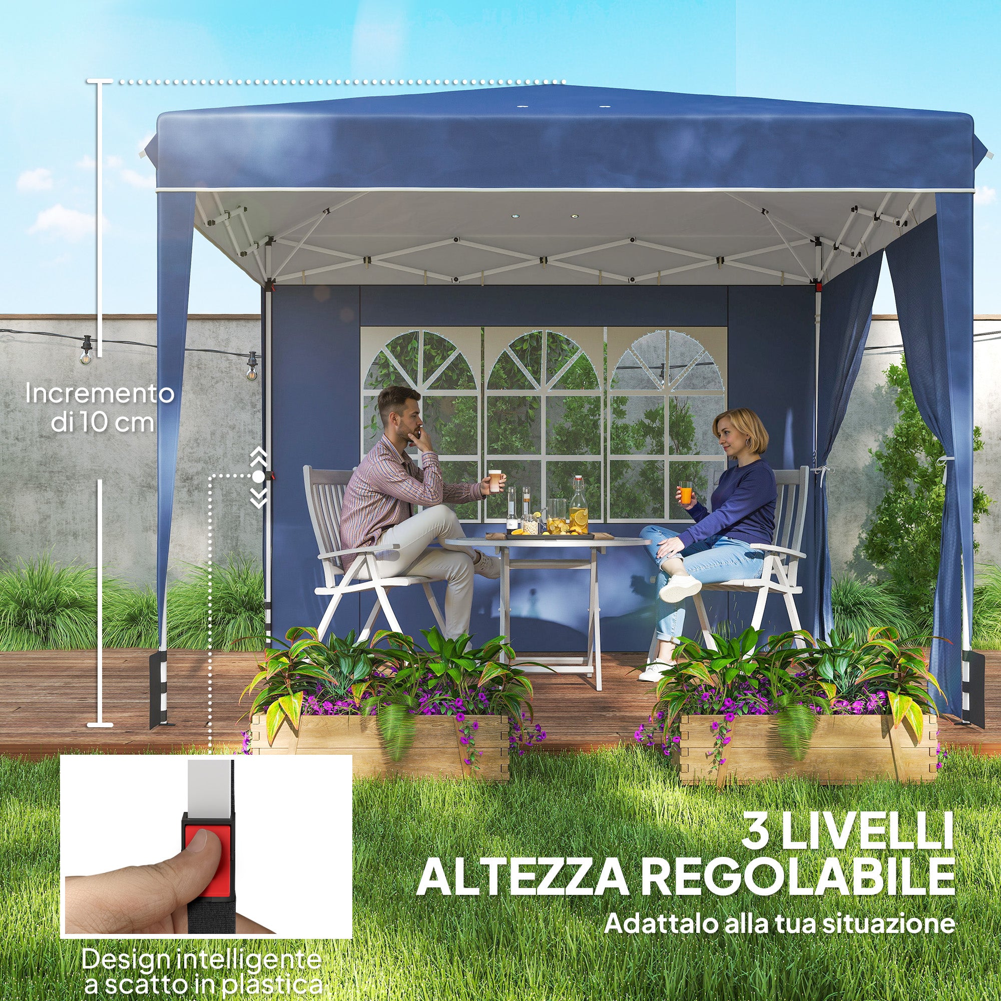 Gazebo Pieghevole 3x3 m con Pareti e Altezza Regolabile Protezione UV 50+ Blu Scuro