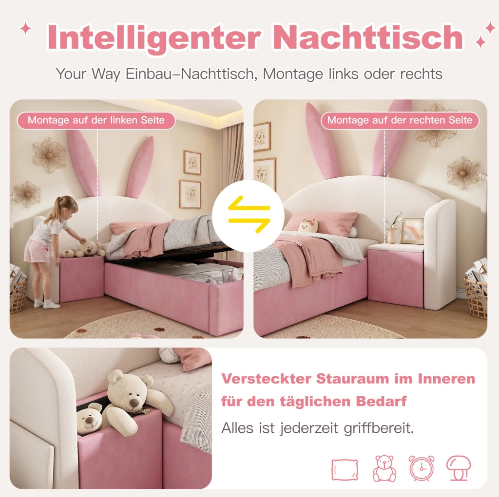 Letto imbottito 90 x 200 cm beige e rosa con contenitore e comodino